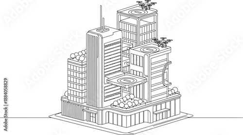 Modern futuristic city building with drones on rooftop in sleek architectural design and isometric view showcasing urban technology and innovation.