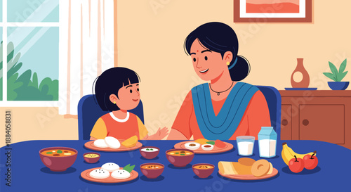Vector illustration of an Indian mother and child enjoying breakfast together, promoting healthy lifestyle, family bonding, and positive daily routine in flat vector style