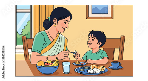 Vector illustration of an Indian mother and child enjoying breakfast together, promoting healthy lifestyle, family bonding, and positive daily routine in flat vector style