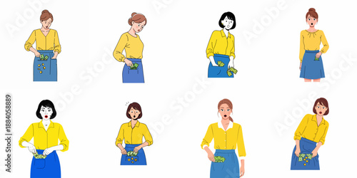 Vector illustration set of women finding money in their pockets or counting savings, expressing surprise and financial concern.