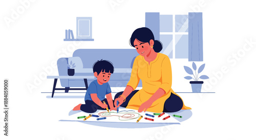 Vector illustration of an Indian mother helping her child draw with crayons, showing creativity, encouragement, and joyful family interaction in flat vector art