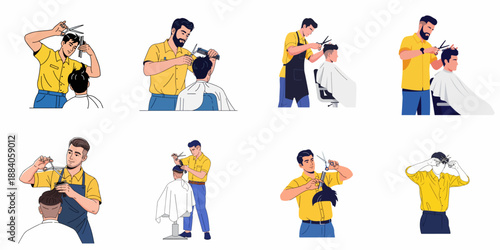 Collection of flat vector illustrations showcasing male barbers giving various modern haircuts and styles to clients in a professional salon environment.