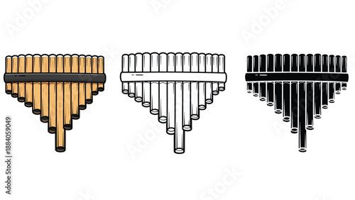 Three pan flutes in different colors on a white background