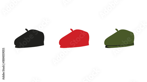 Three colorful berets arranged in a row on a white background
