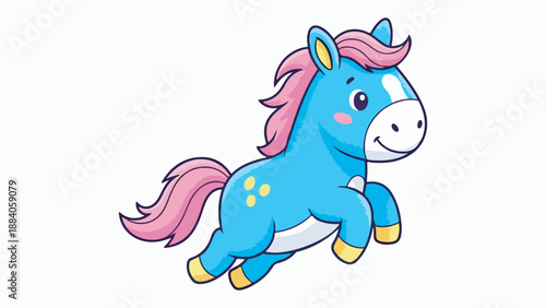 A cute cartoon blue horse with a pink mane and tail is joyfully galloping.
