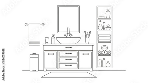 A modern bathroom with a wooden vanity and a tall shelving unit