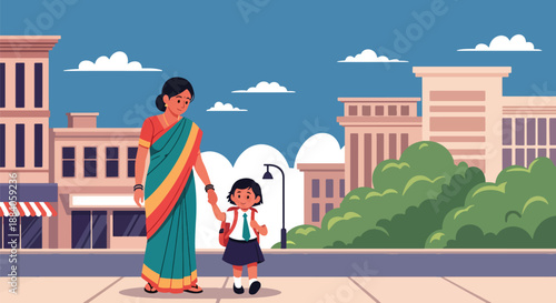 Vector illustration of an Indian mother walking her child to school, representing care, safety, and supportive daily parenting in a flat modern family scene