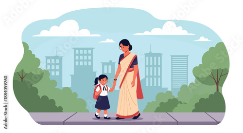 Vector illustration of an Indian mother walking her child to school, representing care, safety, and supportive daily parenting in a flat modern family scene