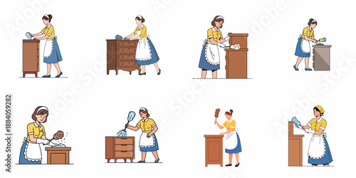 Professional Housekeeping Illustrations: Set of Women Maids Dressed in Uniform Cleaning and Dusting Furniture with Various Tools, Representing Hotel or Domestic Service.