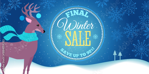 Cartoon style horizontal winter sale banner with a cute deer, snowy winter landscape and decorative snowflake ornament. Bright festive design for online ads, websites, promotions and seasonal marketin