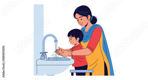 Vector illustration of an Indian mother helping her child wash hands, promoting hygiene awareness and healthy family habits in a clean flat vector style