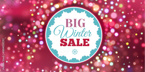 Horizontal winter sale banner with colorful bokeh lights creating a festive glowing atmosphere. Bright modern design perfect for online advertising, website headers, social media promotions and season