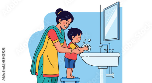 Vector illustration of an Indian mother helping her child wash hands, promoting hygiene awareness and healthy family habits in a clean flat vector style
