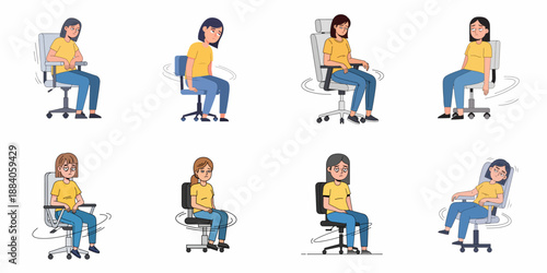 Boredom and Dizziness: Collection of Women Vector Illustrations Spinning on Swivel Office Chairs, Depicting Fatigue and Lack of Motivation at Work.