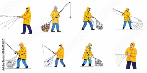 Fishermen in Yellow Raincoats Set: Various Illustrations of Sailors Catching Fish with Nets and Fishing Rods, Isolated Vector Elements