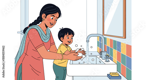 Vector illustration of an Indian mother helping her child wash hands, promoting hygiene awareness and healthy family habits in a clean flat vector style