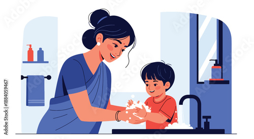 Vector illustration of an Indian mother helping her child wash hands, promoting hygiene awareness and healthy family habits in a clean flat vector style