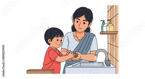 Vector illustration of an Indian mother helping her child wash hands, promoting hygiene awareness and healthy family habits in a clean flat vector style