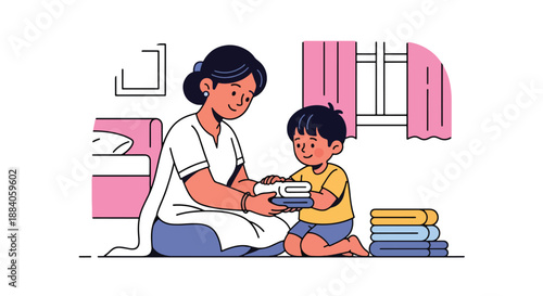 Vector illustration of an Indian mother teaching her child to fold clothes, encouraging responsibility and life skills through family interaction in flat vector style
