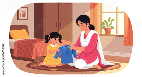 Vector illustration of an Indian mother teaching her child to fold clothes, encouraging responsibility and life skills through family interaction in flat vector style