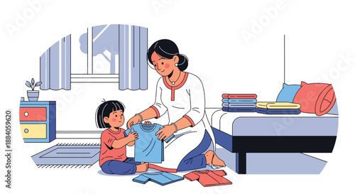 Vector illustration of an Indian mother teaching her child to fold clothes, encouraging responsibility and life skills through family interaction in flat vector style