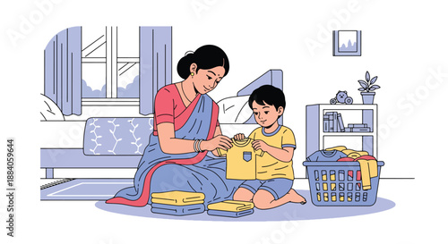 Vector illustration of an Indian mother teaching her child to fold clothes, encouraging responsibility and life skills through family interaction in flat vector style