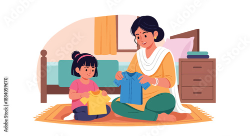 Vector illustration of an Indian mother teaching her child to fold clothes, encouraging responsibility and life skills through family interaction in flat vector style