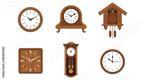 A collection of various traditional wooden clocks on a white background
