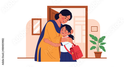 Vector illustration of an Indian mother hugging her child after school, expressing love, comfort, and emotional family connection in flat vector style