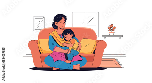 Vector illustration of an Indian mother and child relaxing together on a sofa, showing peaceful family bonding and warm everyday life in flat modern vector art