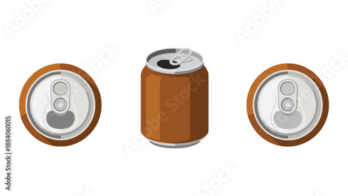 An illustration of a brown soda can and its metal lids