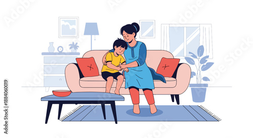 Vector illustration of an Indian mother and child relaxing together on a sofa, showing peaceful family bonding and warm everyday life in flat modern vector art