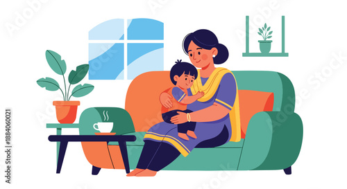 Vector illustration of an Indian mother and child relaxing together on a sofa, showing peaceful family bonding and warm everyday life in flat modern vector art