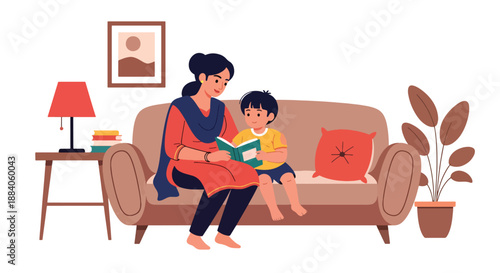 Vector illustration of an Indian mother and child relaxing together on a sofa, showing peaceful family bonding and warm everyday life in flat modern vector art