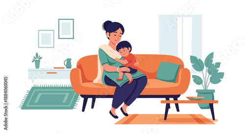Vector illustration of an Indian mother and child relaxing together on a sofa, showing peaceful family bonding and warm everyday life in flat modern vector art