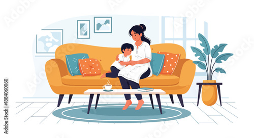 Vector illustration of an Indian mother and child relaxing together on a sofa, showing peaceful family bonding and warm everyday life in flat modern vector art