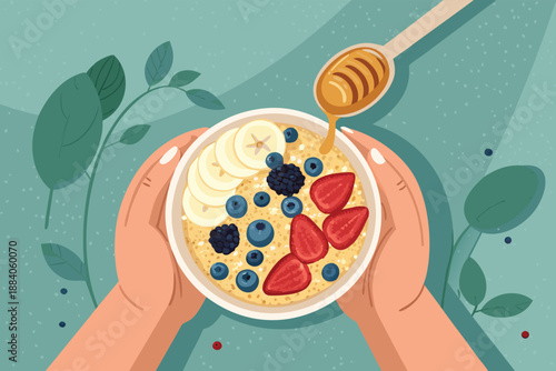 Top Down Hands Holding Oatmeal Fruit Bowl