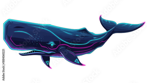 Digital Whale Illustration: Neon Blue and Pink Glowing Lines on Dark Background