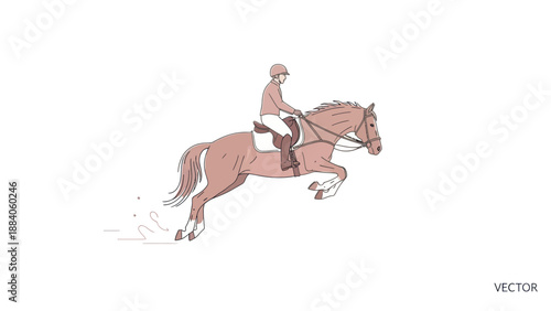 Equestrian rider jumping a horse over an obstacle, line art vector illustration