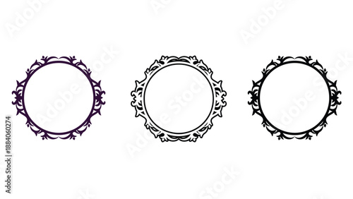 Three ornate circular frames in purple, black, and white on a clean background