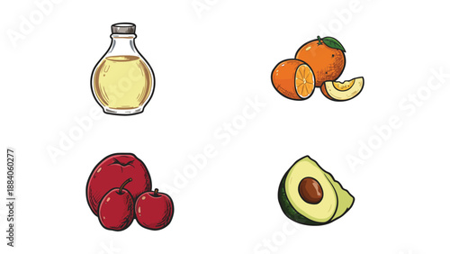 A colorful illustration of healthy food options including oil, oranges, apples, and avocado