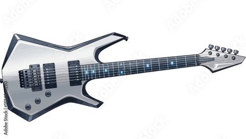 Futuristic Electric Guitar with LED Inlays, Modern Design, White and Silver