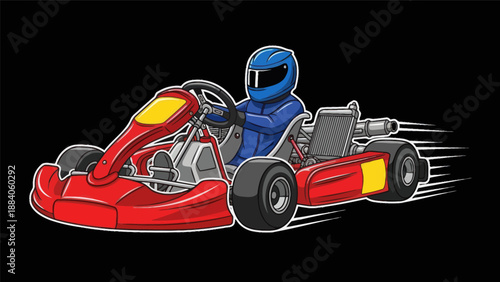 Go kart racer in blue helmet driving red race car, motion blur, black background