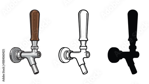An illustration of three different beer tap handles on a white background