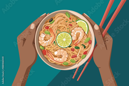 Top Down Hands Holding Pad Thai Bowl