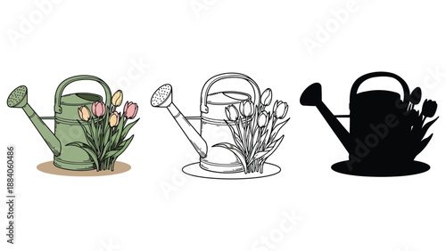 An illustration of three different colored watering cans with flowers
