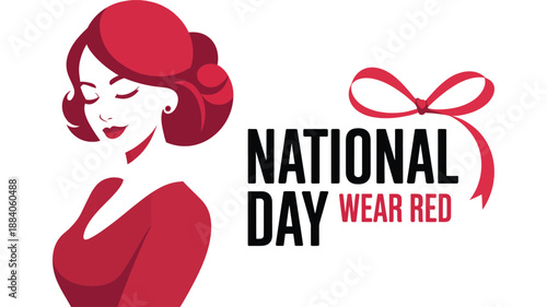  national wear red day illustration with elegant woman portrait and red ribbon, heart health awareness campaign design, women healthcare prevention and lifestyle concept