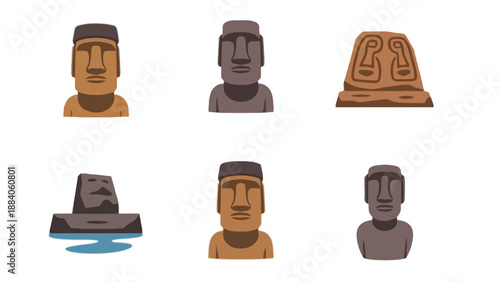 A collection of Easter Island Moai head statues in various forms