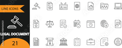  Legal Document Justice Law Gavel Attorney Contract Vector Line Icon Set
