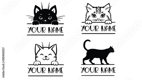 A set of customizable cat illustrations with space for your name